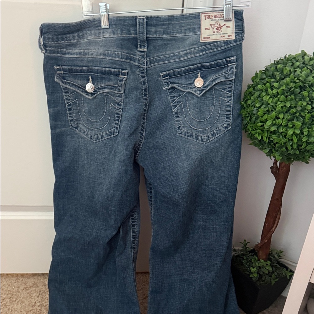 True Religion Women's Medium Blue Bootcut Jeans with Signature Back Pockets